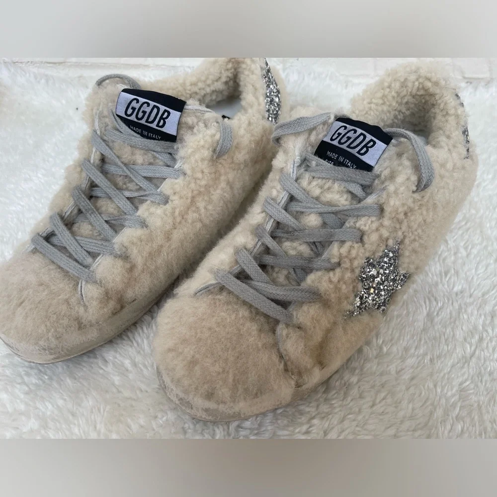 New Golden Goode Super-Star Beige Shearling Silver Glitter Star Sneakers Size 37 - Picture 3 of 12